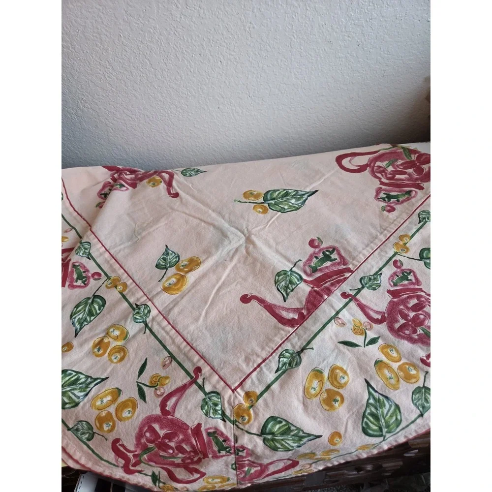 April Cornell Tablecloth 52x52 Square Peach Teapot Floral Border Unique